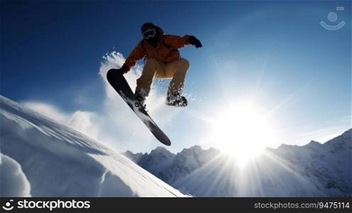 Snowboarder in an extreme jump descends from ski mountain. Active recreation, winter sports. Header banner mockup with copy space. AI generated.. Snowboarder in an extreme jump descends from ski mountain. AI generated.