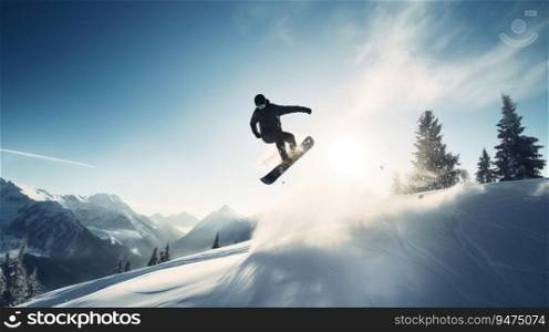 Snowboarder in an extreme jump descends from ski mountain. Active recreation, winter sports. AI generated.. Snowboarder in an extreme jump descends from ski mountain. AI generated.