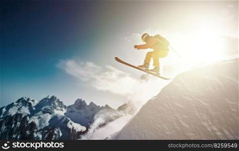 Snowboarder jumping against blue sky. Generative AI