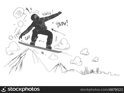 Snowboarding. Close up of hand drawing sketches of snowboarder