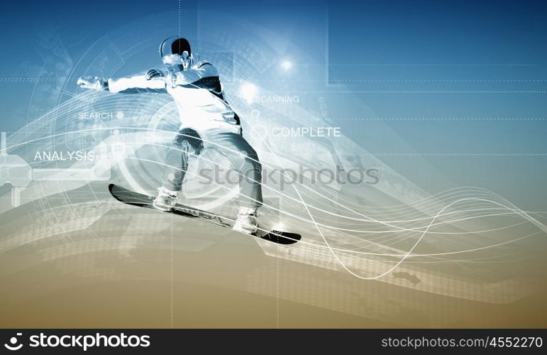 Snowboarding. Male snowboarder making jump against media background