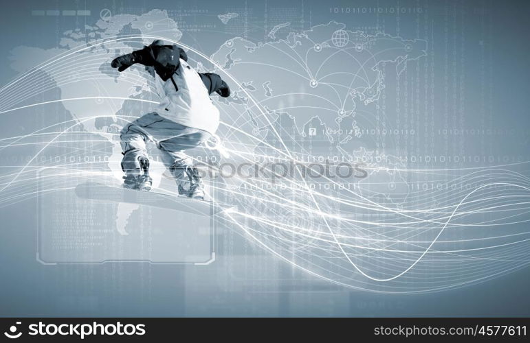 Snowboarding. Male snowboarder making jump against media background