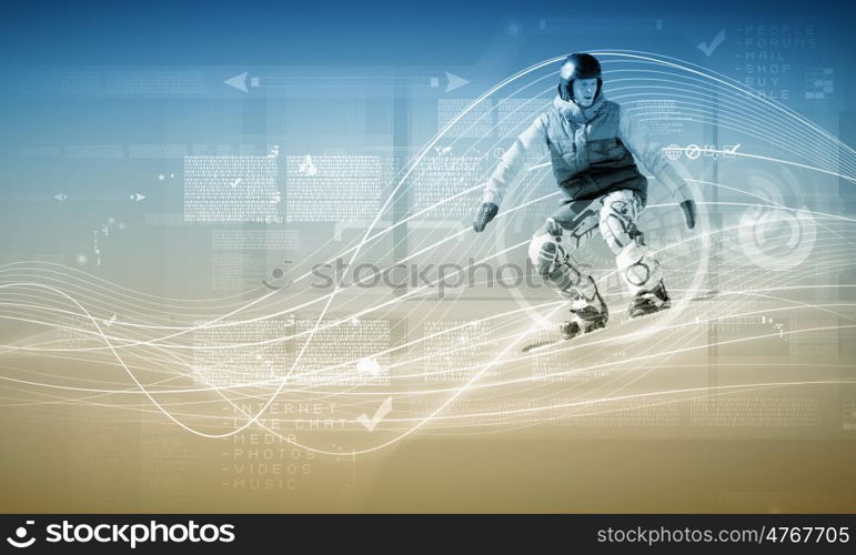 Snowboarding. Male snowboarder making jump against media background