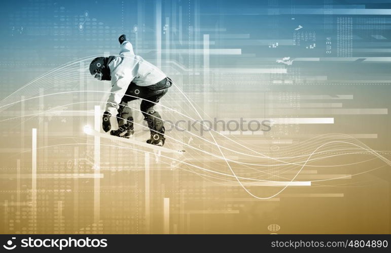 Snowboarding. Male snowboarder making jump against media background