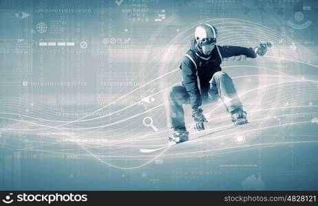 Snowboarding. Male snowboarder making jump against media background