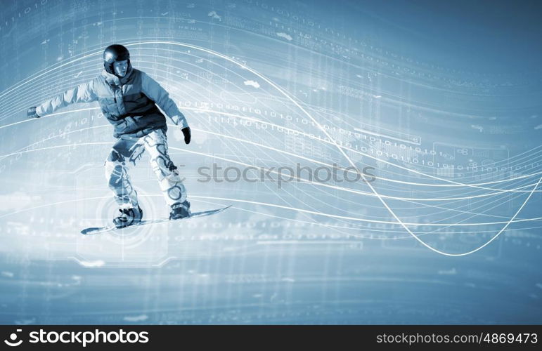 Snowboarding. Male snowboarder making jump against media background