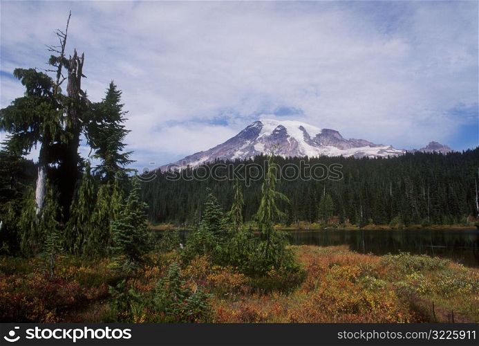 Snowcapped Mountain Peak Over A Lake In The Forest