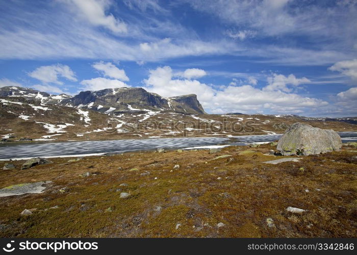 Snowcapped mountains and water at Haukeli, Norway