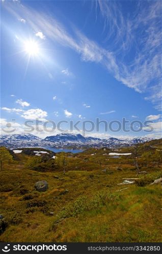 Snowcapped mountains and water at Haukeli, Norway