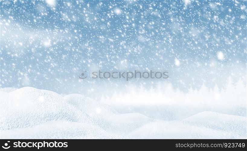 Snowdrift with snow falling in the winer Christmas background 3D illustration