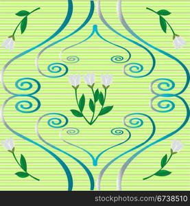 Snowdrops and curly ornaments over green background