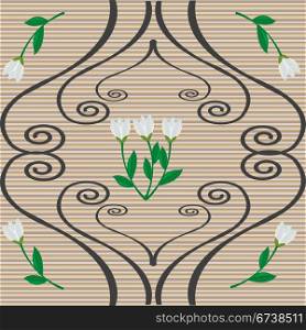 Snowdrops and curly ornaments over retro background pattern