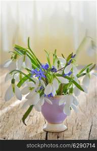 snowdrops in vase on old wood