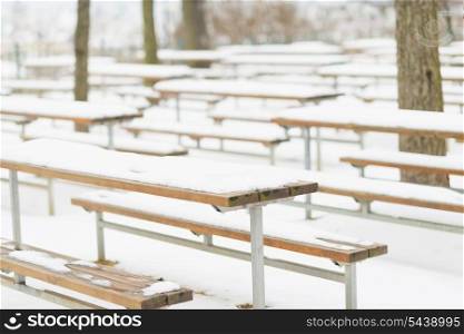 Snowed benches in winter park