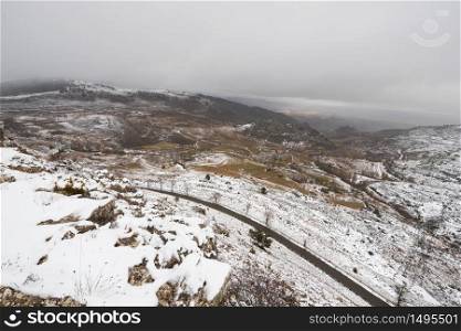 Snowed landscape of Paramo de Masa mountains, in north Burgos province, Spain.