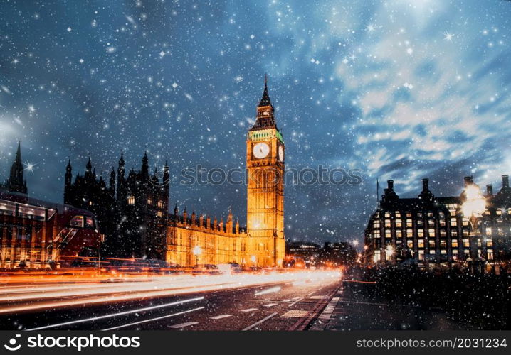 snowfall over Big Ben winter in London