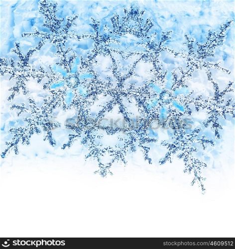 Snowflake blue decorative border, beautiful blue cold frozen snow background, Christmas tree ornament and decoration, winter holidays, abstract pattern with text space