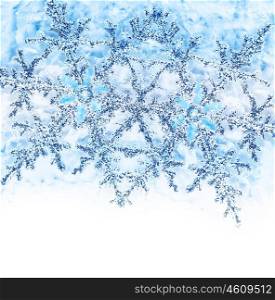 Snowflake blue decorative border, beautiful blue cold frozen snow background, Christmas tree ornament and decoration, winter holidays, abstract pattern with text space