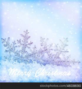 Snowflake Christmas border, cold blue snow background, abstract icy greeting card, closeup on winter holidays decoration