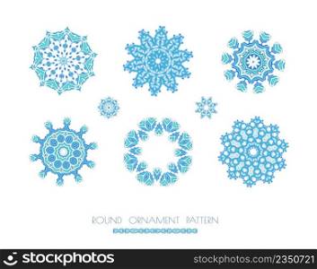 Snowflake for winter design. Ornament round set with mandala. Geometric circle isolated element.. Set of blue snowflakes