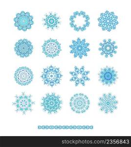  Snowflake for winter design. Ornament round set with mandala. Geometric circle isolated element.. Set of blue snowflakes