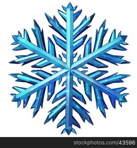 Snowflake icon isolated on a white background as a winter season or festive cold weather symbol as a graphic element as an ornament or decoration for Christmas or new year celebration as a 3D illustration.
