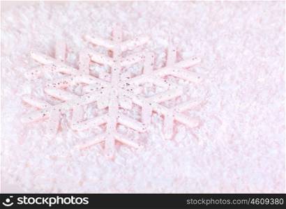 Snowflake, pink winter holiday background, christmas tree ornament &amp; snow decoration