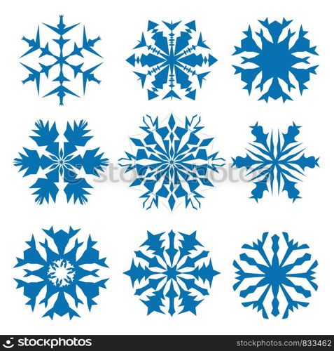 Snowflake vector icon background set blue color. Winter white christmas snow flake crystal element. Weather illustration ice collection. Xmas frost flat isolated silhouette symbol