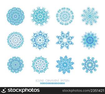 Snowflakes Christmas icons. Blue snowflakes, fractals or mandala.. Set of snowflakes