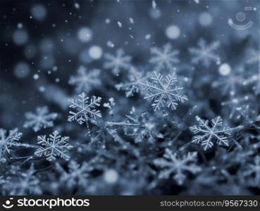 Snowflakes ice crystal snow on frozen flowers and plants. Winter nature abstract.