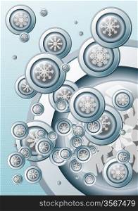 snowflakes on big snowflake on blue background with white spots; winter; new year