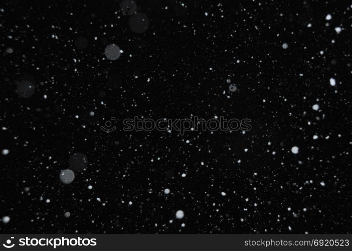 Snowflakes on winter sky. Snow storm abstract background blur.