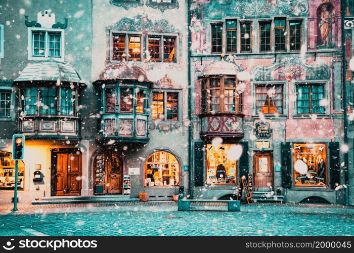 snowing in picturesque swiss village Stein am Rhein at night