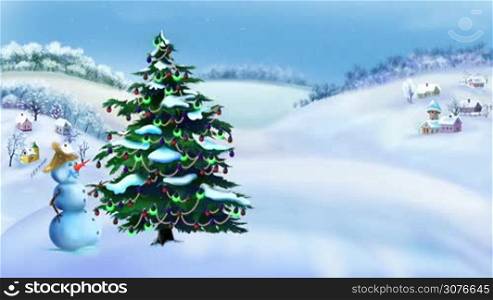 Snowman and Christmas Tree in a Wonderful Winter Day. Handmade animation in classic cartoon style.