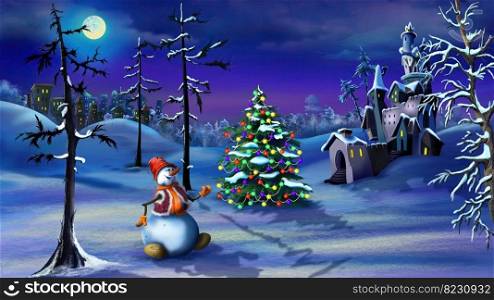 Snowman and Christmas Tree near a Magic Castle in a Fairy tale winter night Christmas Eve. Handmade illustration in a classic cartoon style. Snowman and Christmas Tree near a Magic Castle in a Fairy tale winter night Christmas Eve. Handmade illustration in a classic cartoon style.. Snowman and Christmas Tree Near a Magic Castle