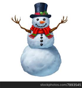 Snowman character isolated on a white background as a traditional magical winter celebration icon and festive seasonal symbol for snowing and snow fall play activity.