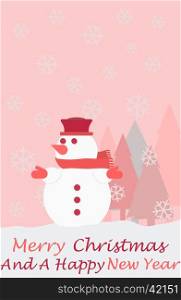 Snowman christmas tree snowflakes and the words Merry Christmas and a happy new year, christmas card