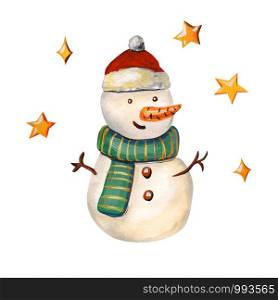 Snowman in a hat of Santa Claus. Merry illustration with a Christmas character in a green striped scarf Isolated on a white background.. Snowman in a hat of Santa Claus.