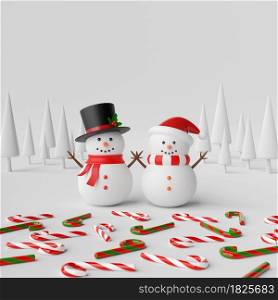 Snowman in pine forest with candy cane on snow ground, 3d illustration