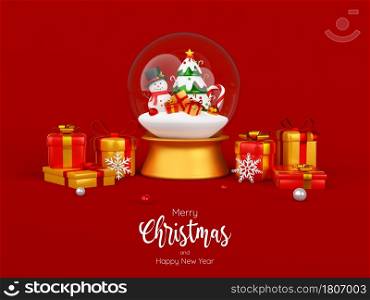 Snowman in snow globe with Christmas gift, 3d illustration