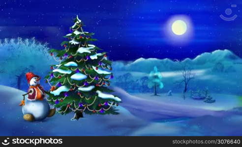 Snowman near a Christmas Tree in a Fairy Tale New Year Night. Handmade animation in classic cartoon style
