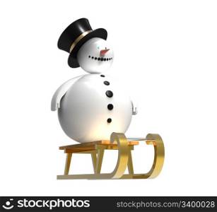 Snowman on golden sledge Christmas decoration isolated on white 3d render