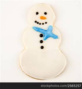 Snowman sugar cookie with decorative icing.