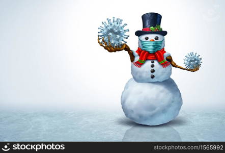 Snowman wearing a face mask concept as a winter snow man holiday season symbol for health and healthcare disease prevention as medical equipment preventing a virus with 3D illustration elements.