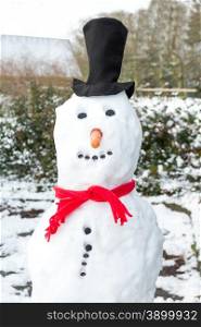 Snowman wearing black hat red shawl buttons and orange carrot in winter season