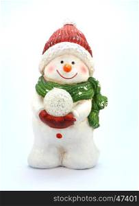 Snowman with a branch and a green scarf.