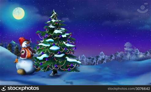 Snowman with a Christmas Tree in a Fairy Tale New Year Night. Handmade animation in classic cartoon style