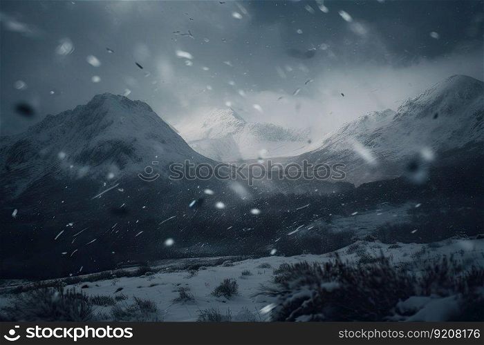 snowstorm with snowflakes swirling, obscuring the view of a mountain range, created with generative ai. snowstorm with snowflakes swirling, obscuring the view of a mountain range