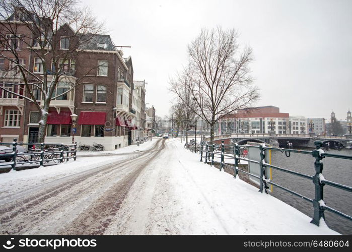 Snowy Amsterdam in the Netherlands in winter