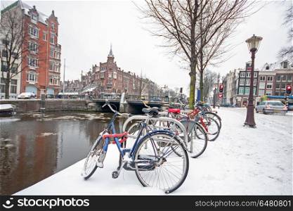 Snowy Amsterdam in the Netherlands in winter